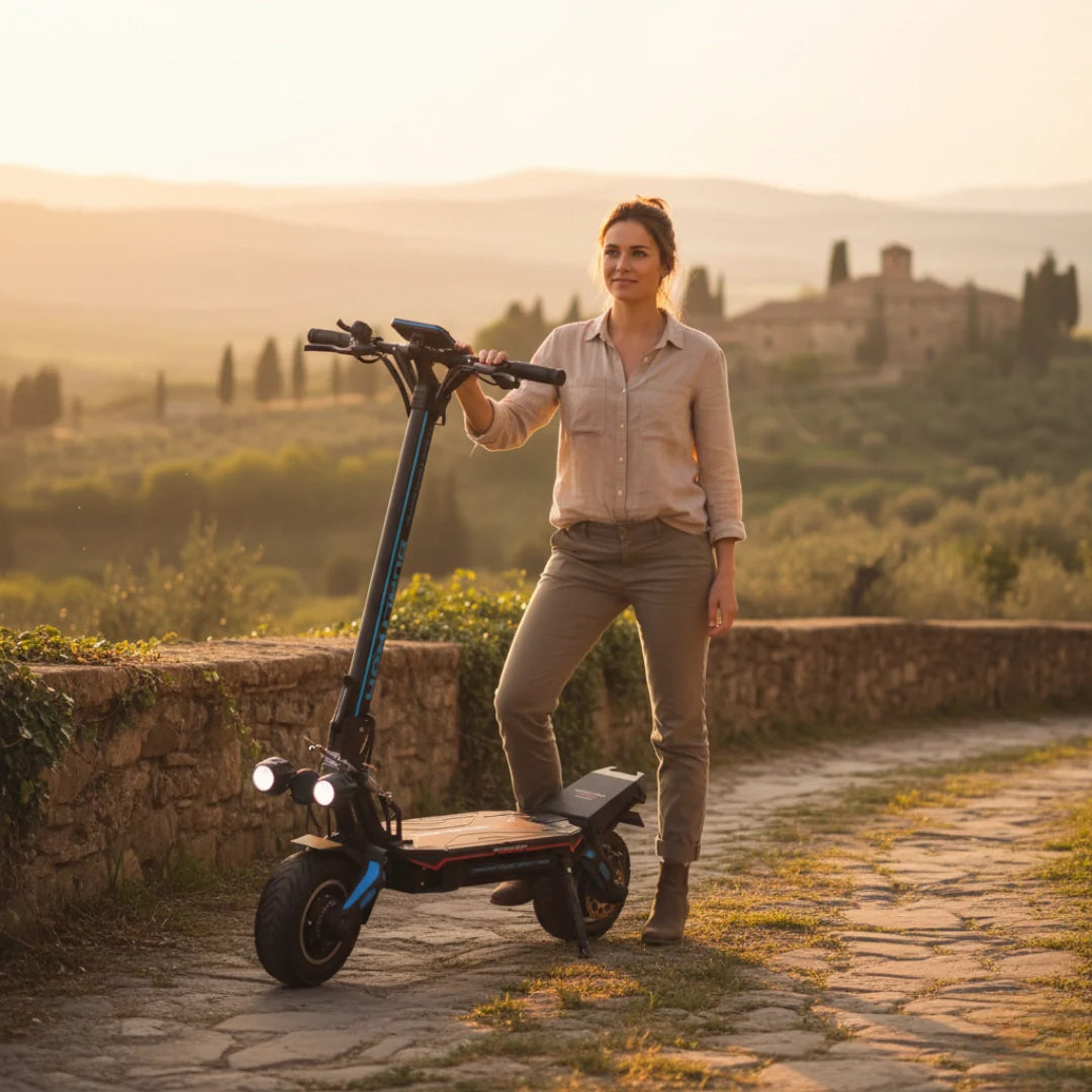 Žena stoji pored crnog električnog romobila Dualtron Storm Limited na seoskom putu pri zalasku sunca