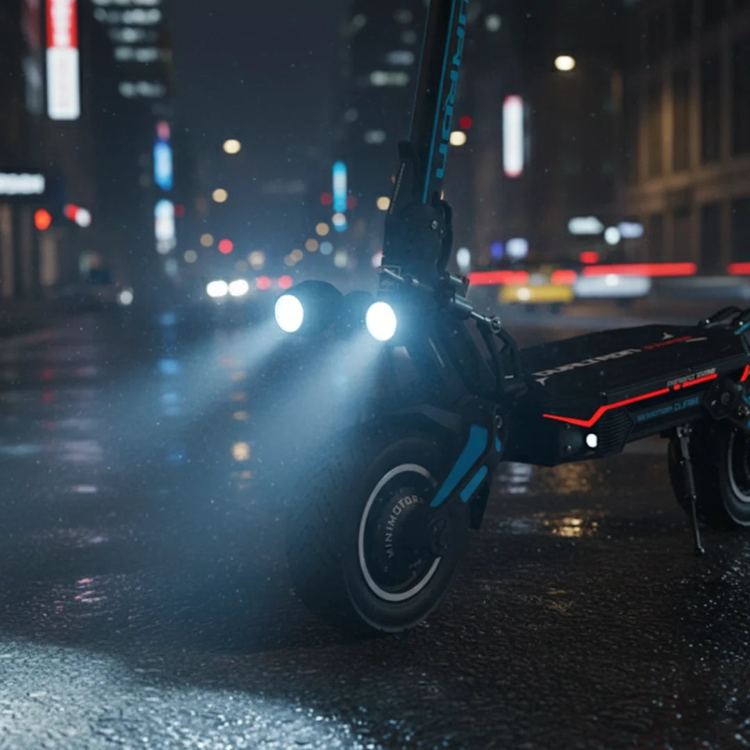 Električni romobil Dualtron Storm Limited s upaljenim prednjim svjetlima na mokroj cesti po noći