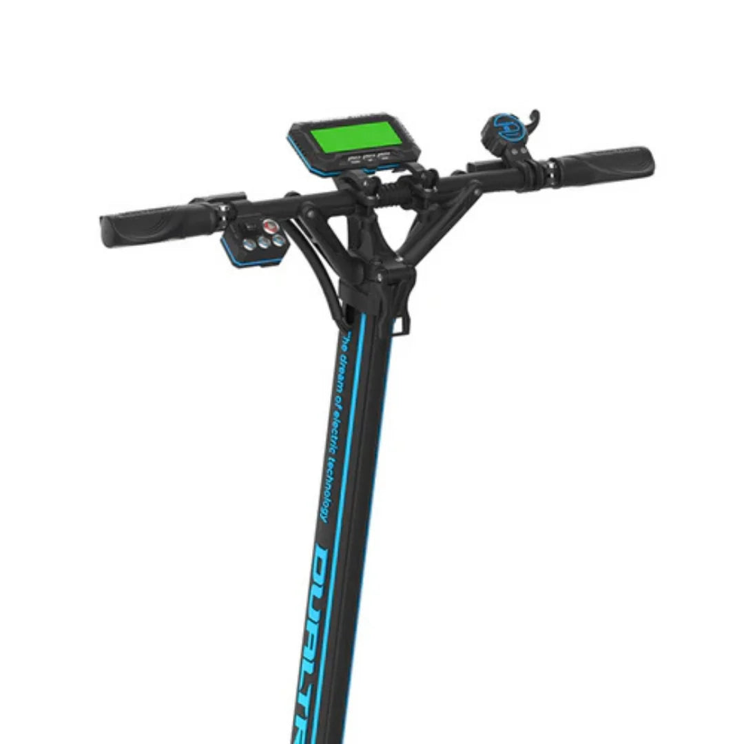 Upravljač električnog romobila Dualtron Storm Limited s ekranom i kontrolama, crno-plavi dizajn