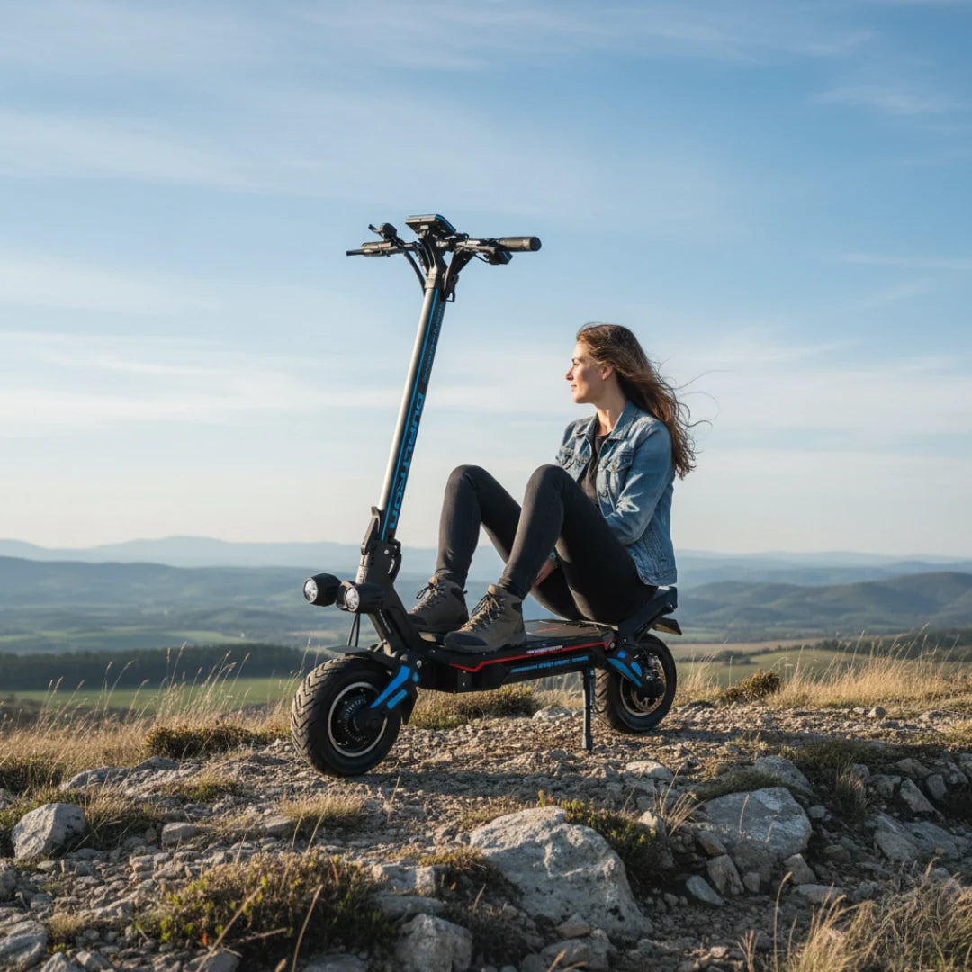Žena sjedi na crnom električnom romobilu Dualtron Storm New u prirodi, pogled sa strane