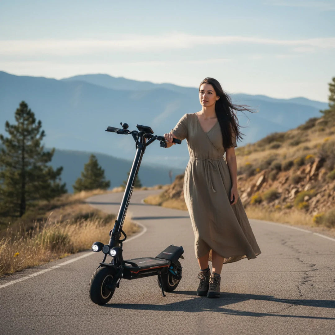 Žena hoda pokraj crnog električnog romobila Dualtron Storm New na cesti s planinama u pozadini