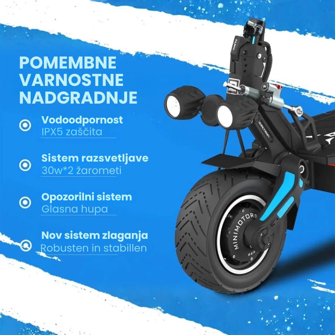 Električni romobil Dualtron Storm New prikaz prednjeg dijela s LED svjetlima i kotačem