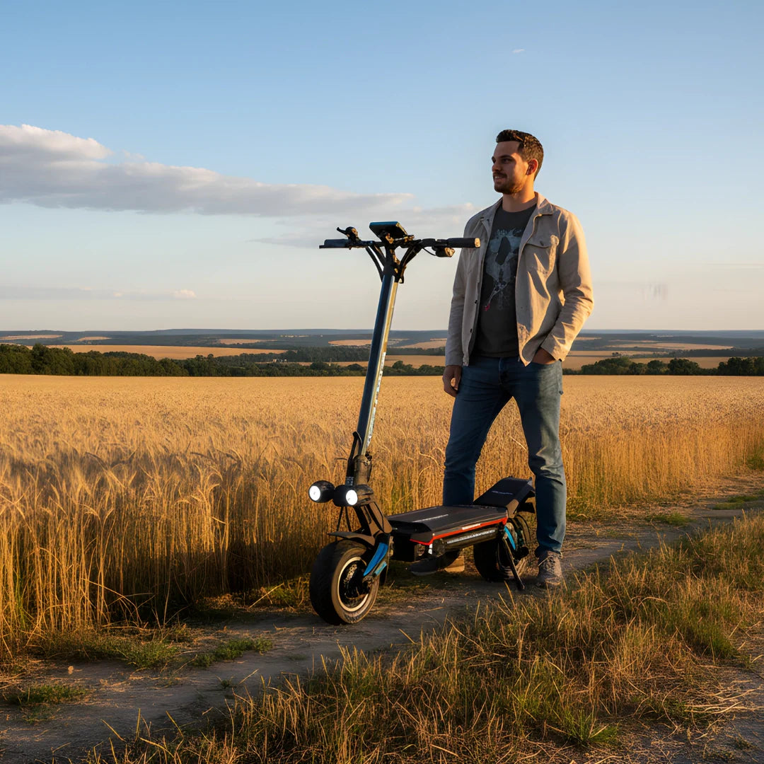 Električni romobil Dualtron Storm New s muškarcem na cesti uz žitno polje, pogled sprijeda