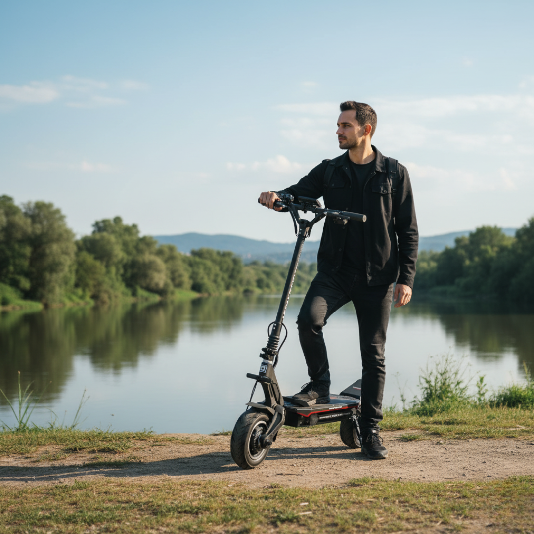 Muškarac stoji na crnom električnom romobilu Dualtron Storm UP uz rijeku, pogled sa strane