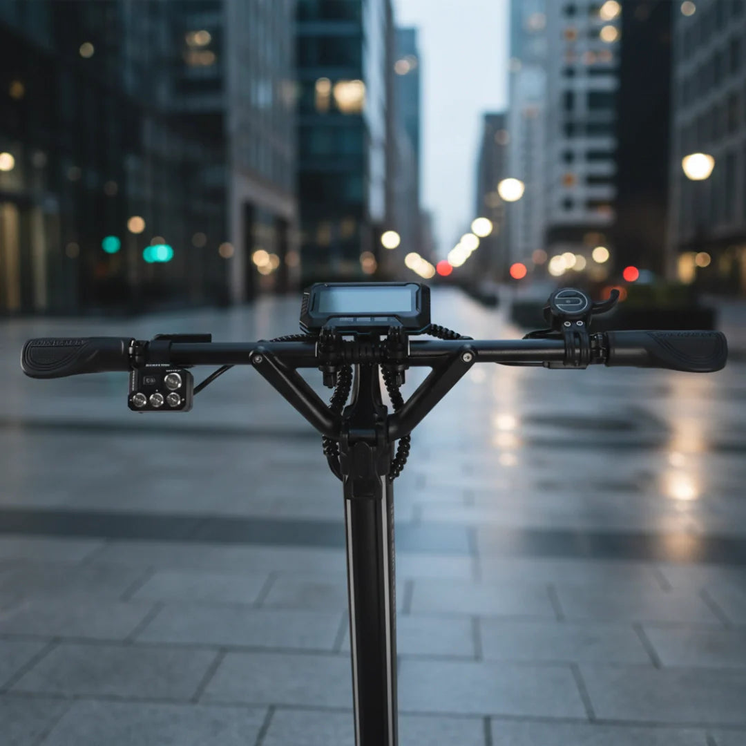 Upravljač električnog romobila Dualtron Storm Up s LCD zaslonom i kontrolama u urbanom okruženju