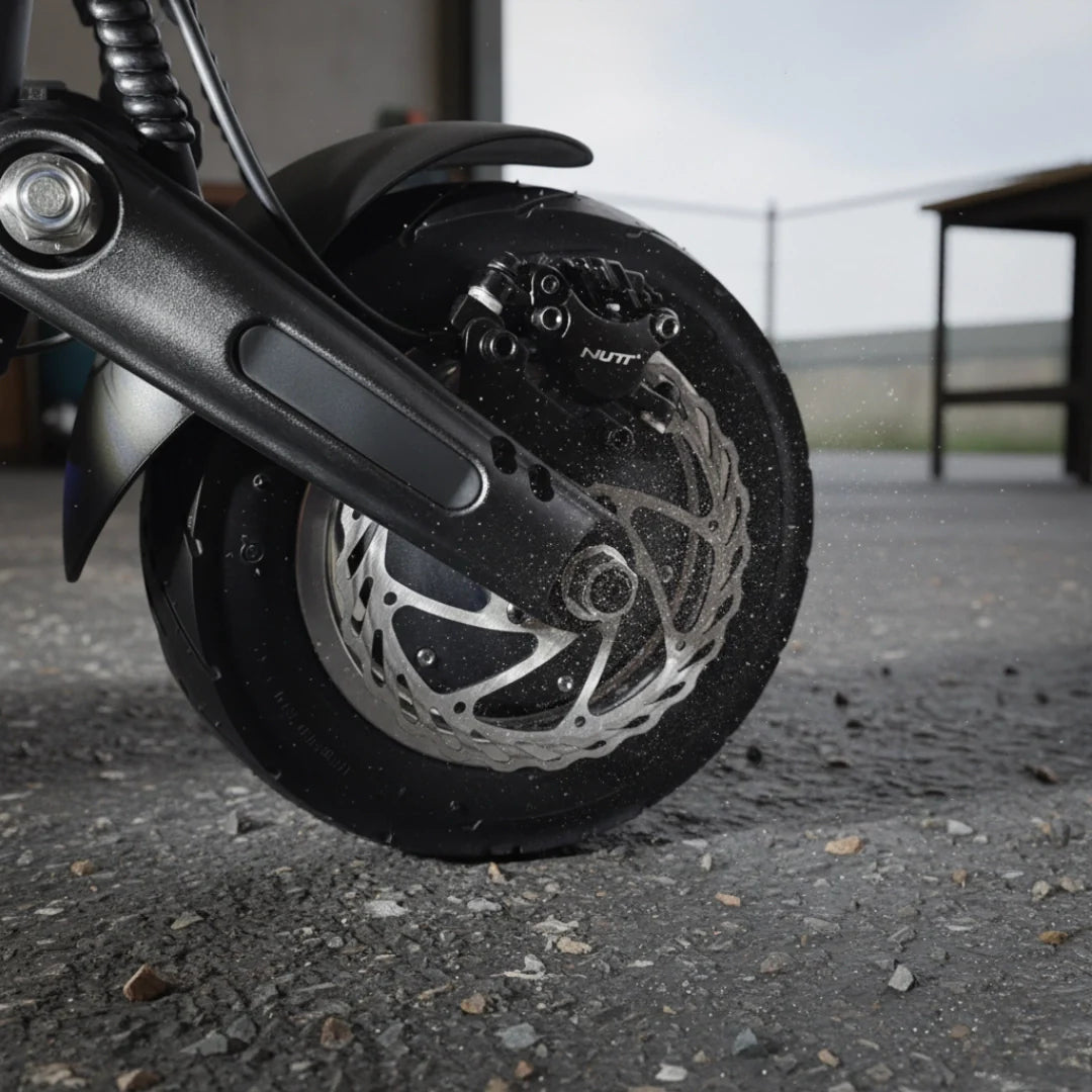 Krupan plan crne disk kočnice Nutt na kotaču električnog romobila Dualtron Thunder 2