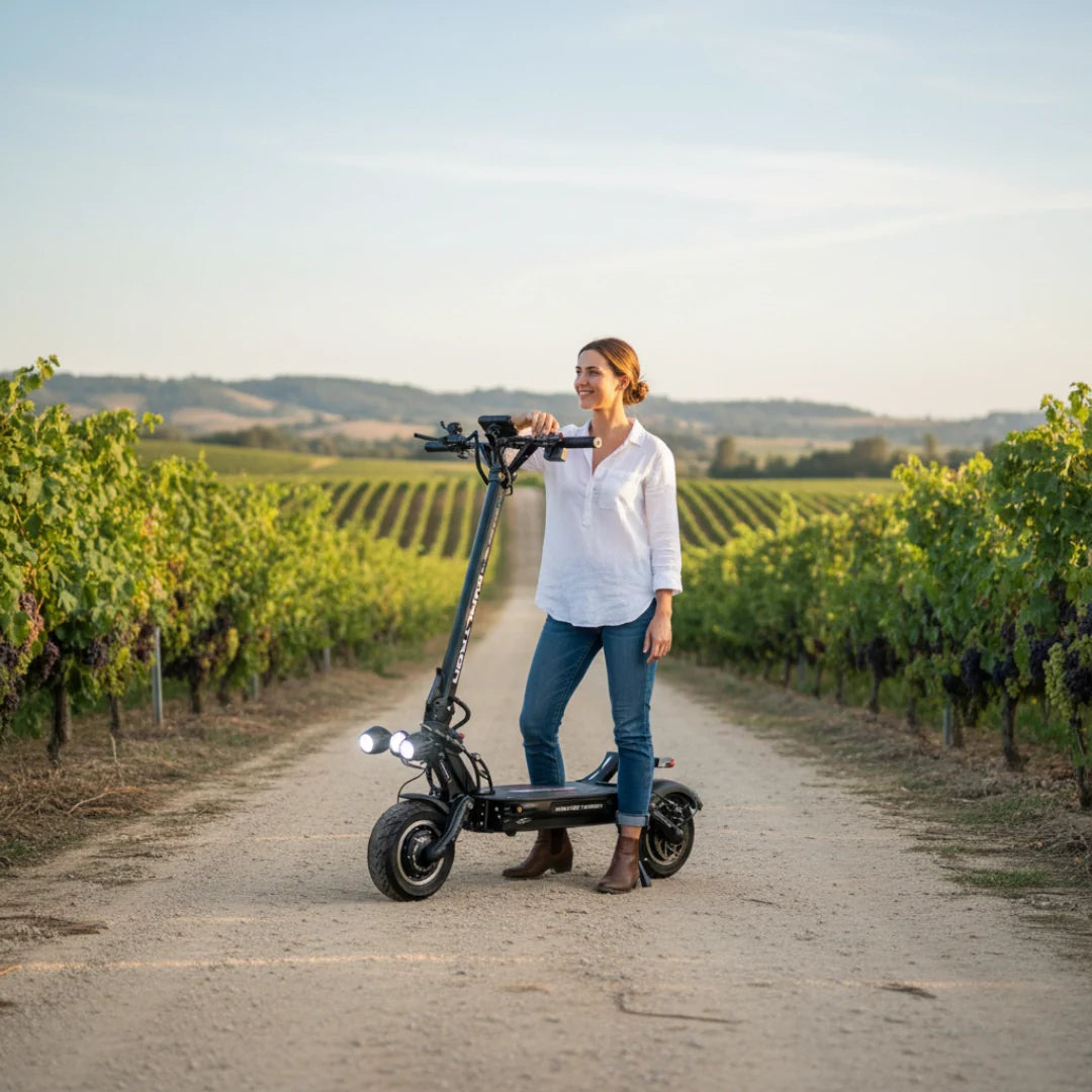 Žena stoji pored crnog električnog romobila Dualtron Thunder 3 u vinogradu, pogled sprijeda
