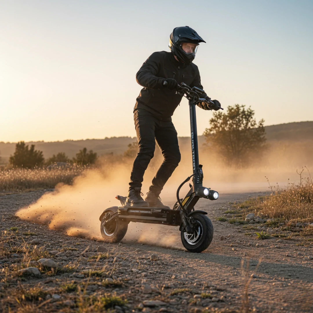 Vozač na električnom romobilu Dualtron Thunder 3 vozi po makadamu pri zalasku sunca
