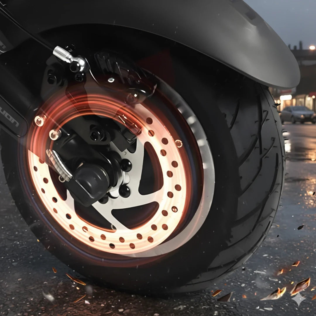 Krupni kadar užarenog kočionog diska električnog romobila Dualtron Victor Luxury Plus New