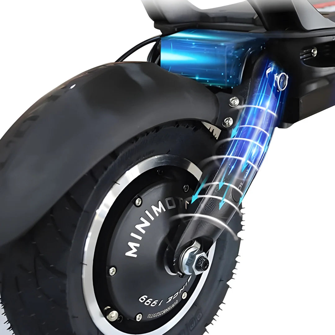 Detalj stražnjeg ovjesa i kotača električnog romobila Dualtron Victor Luxury Plus New s efektom hoda