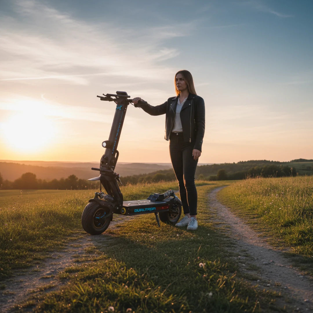 Žena stoji pokraj crnog električnog romobila Dualtron X Limited u prirodi tijekom zalaska sunca