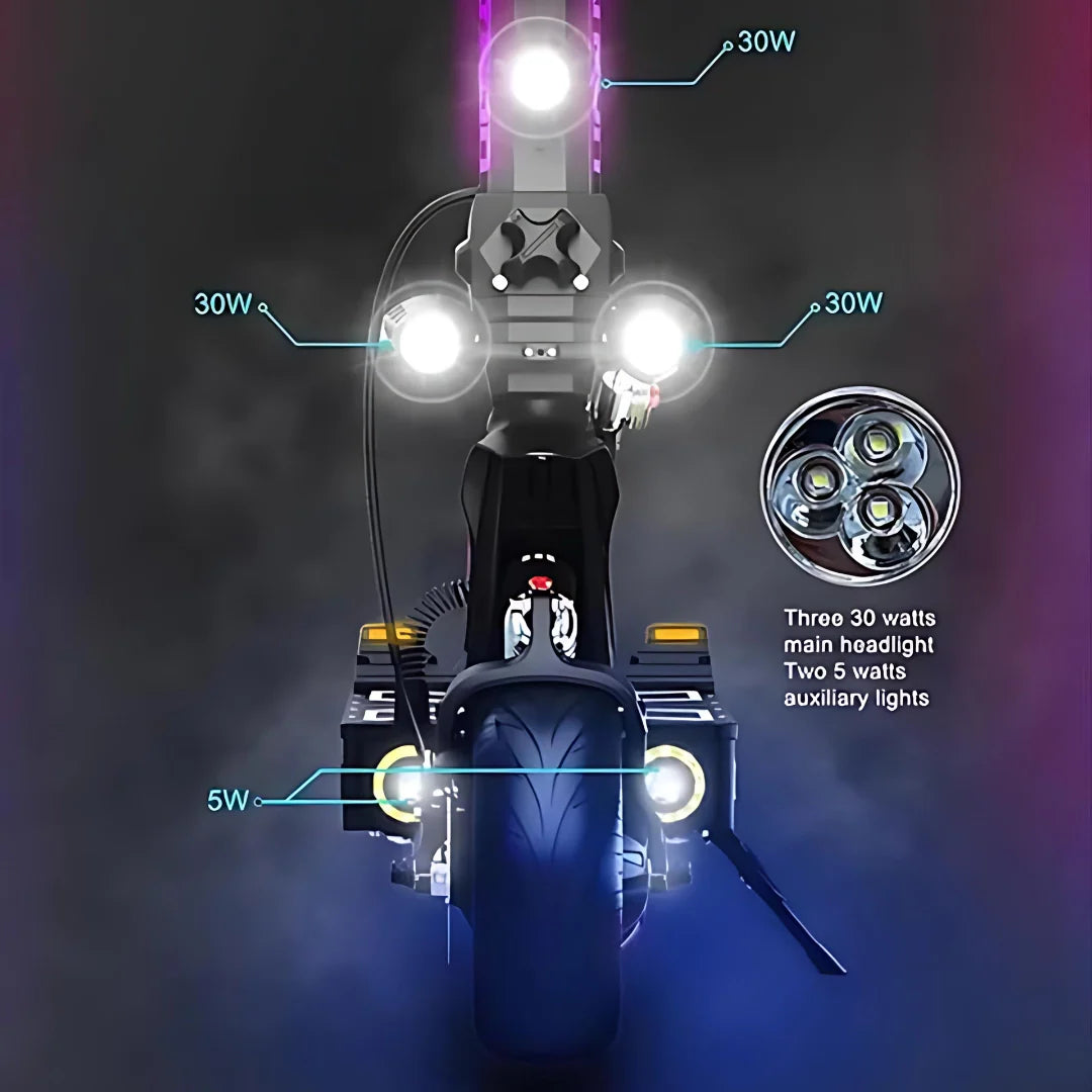 Prednji prikaz LED osvjetljenja na električnom romobilu Dualtron X Limited s detaljima snage
