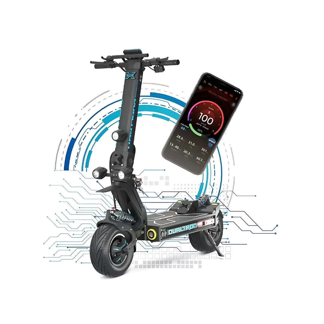 Električni romobil Dualtron X Limited crne boje s prikazom aplikacije na pametnom telefonu