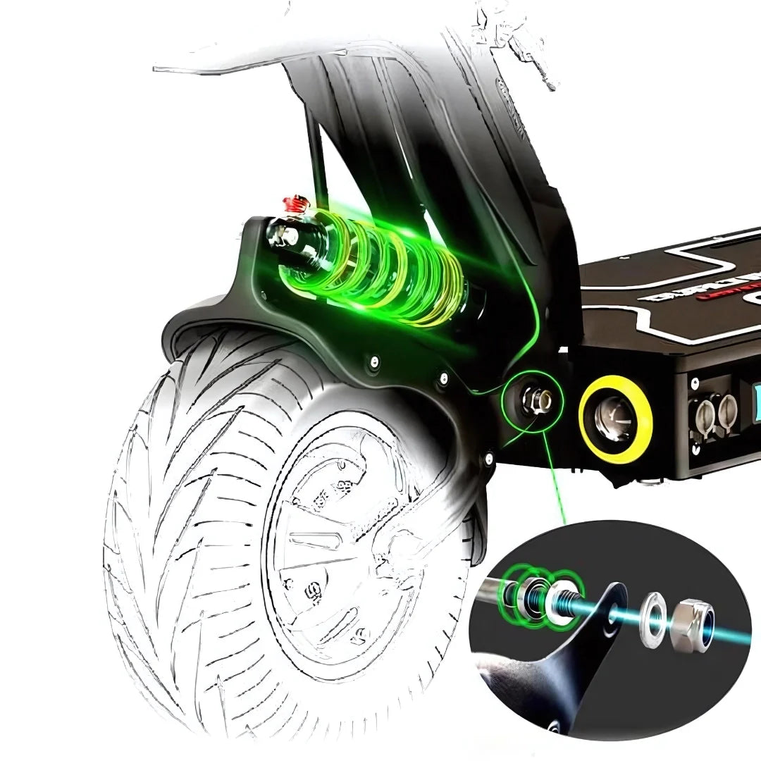 Detaljan prikaz stražnjeg ovjesa i amortizera na električnom romobilu Dualtron X Limited