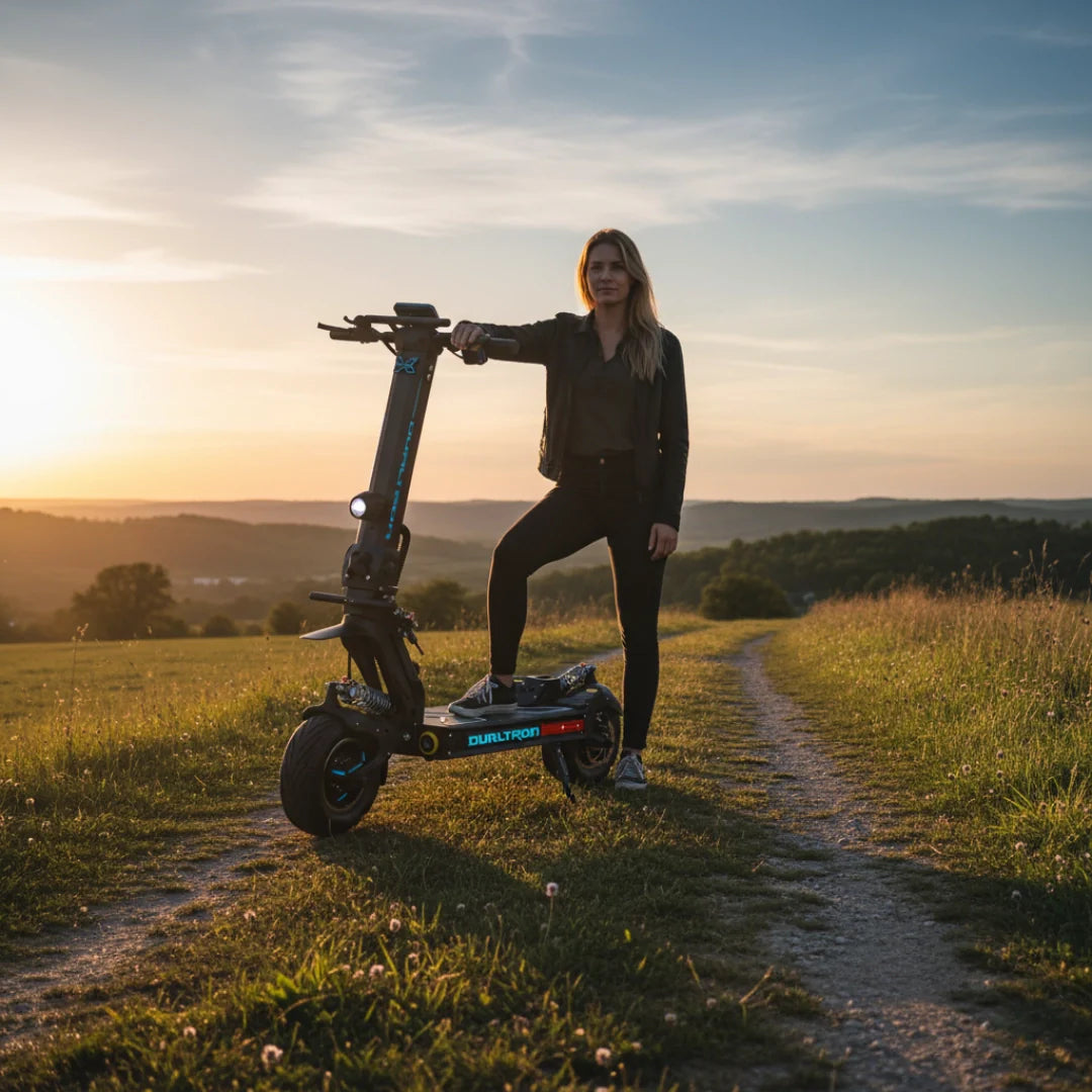 Žena pozira pored crnog električnog romobila Dualtron X Limited na poljskom putu pri zalasku sunca