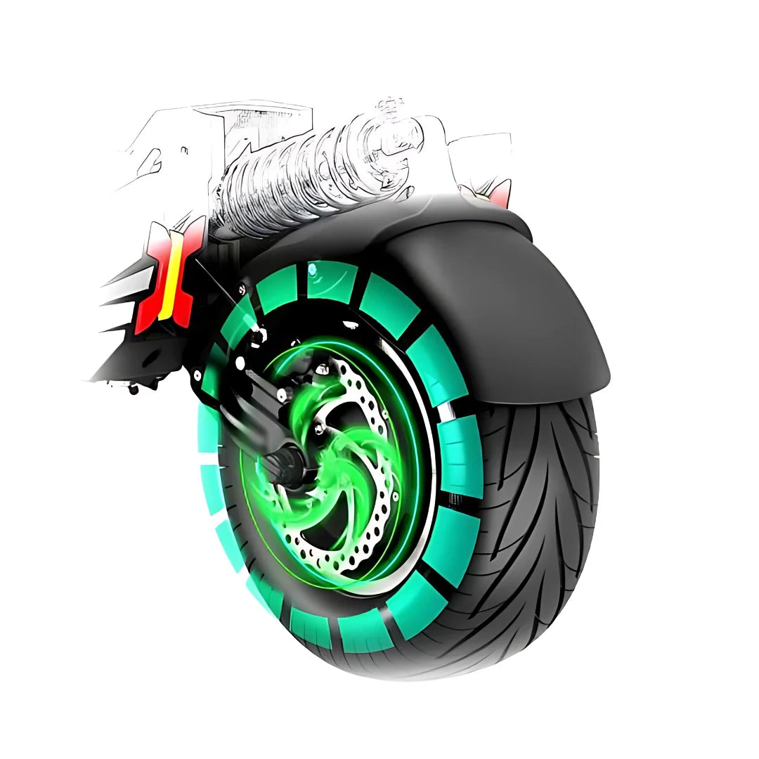 Kotač električnog romobila Dualtron X Limited s detaljem disk kočnice i zelenim svjetlosnim efektom