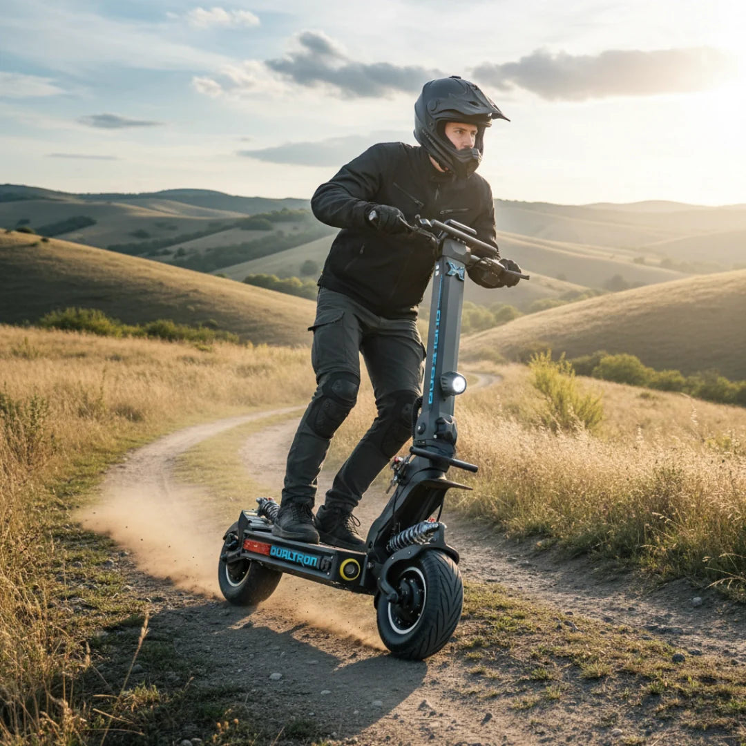 Električni romobil Dualtron X Limited crne boje vozi se po makadamskoj stazi u prirodi