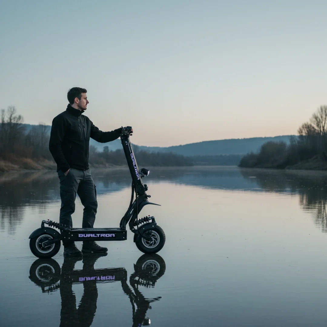 Crni električni romobil Dualtron X2 Upgrade s vozačem pokraj rijeke, pogled sa strane