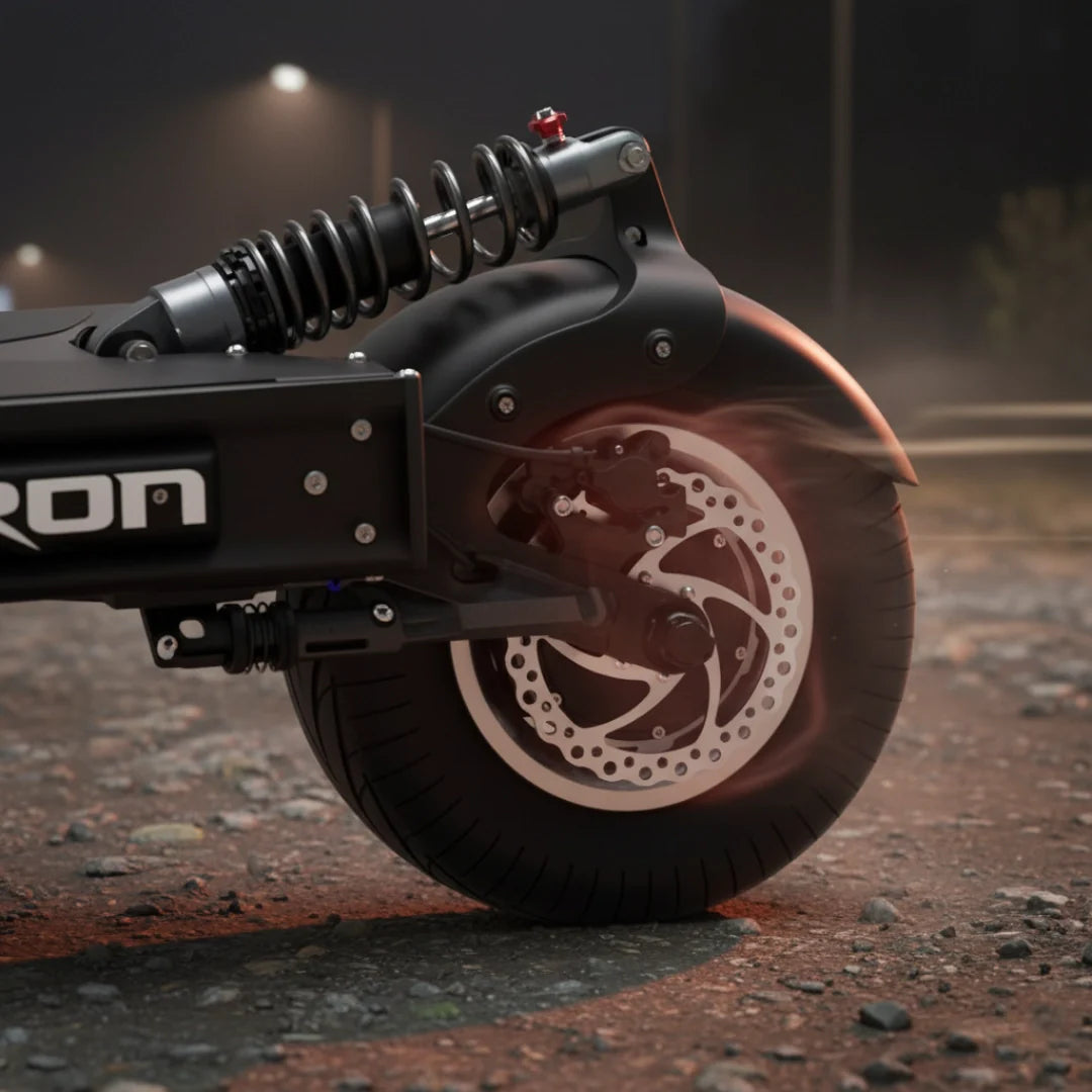Detalj stražnjeg ovjesa i disk kočnice električnog romobila Dualtron X2 Upgrade u crnoj boji