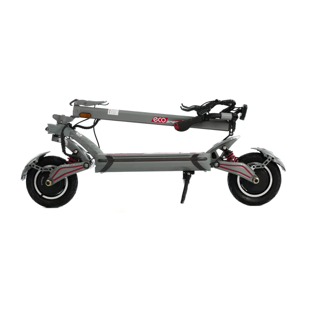 Sivi električni romobil Eco Speed 10X V2 sklopljen, pogled sa strane na bijeloj pozadini