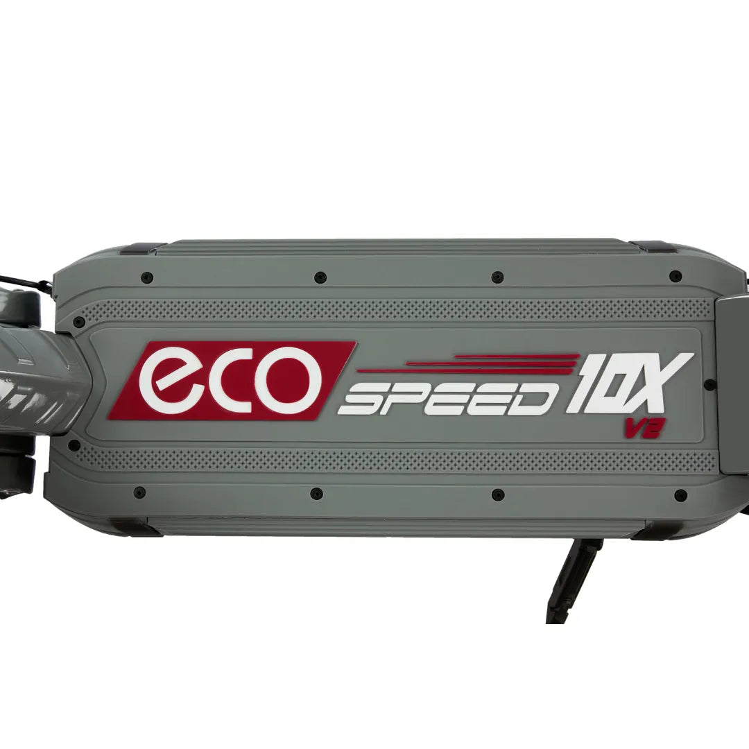 Bočni pogled na sivo gazište električnog romobila Eco Speed 10X V2 s logotipom proizvoda