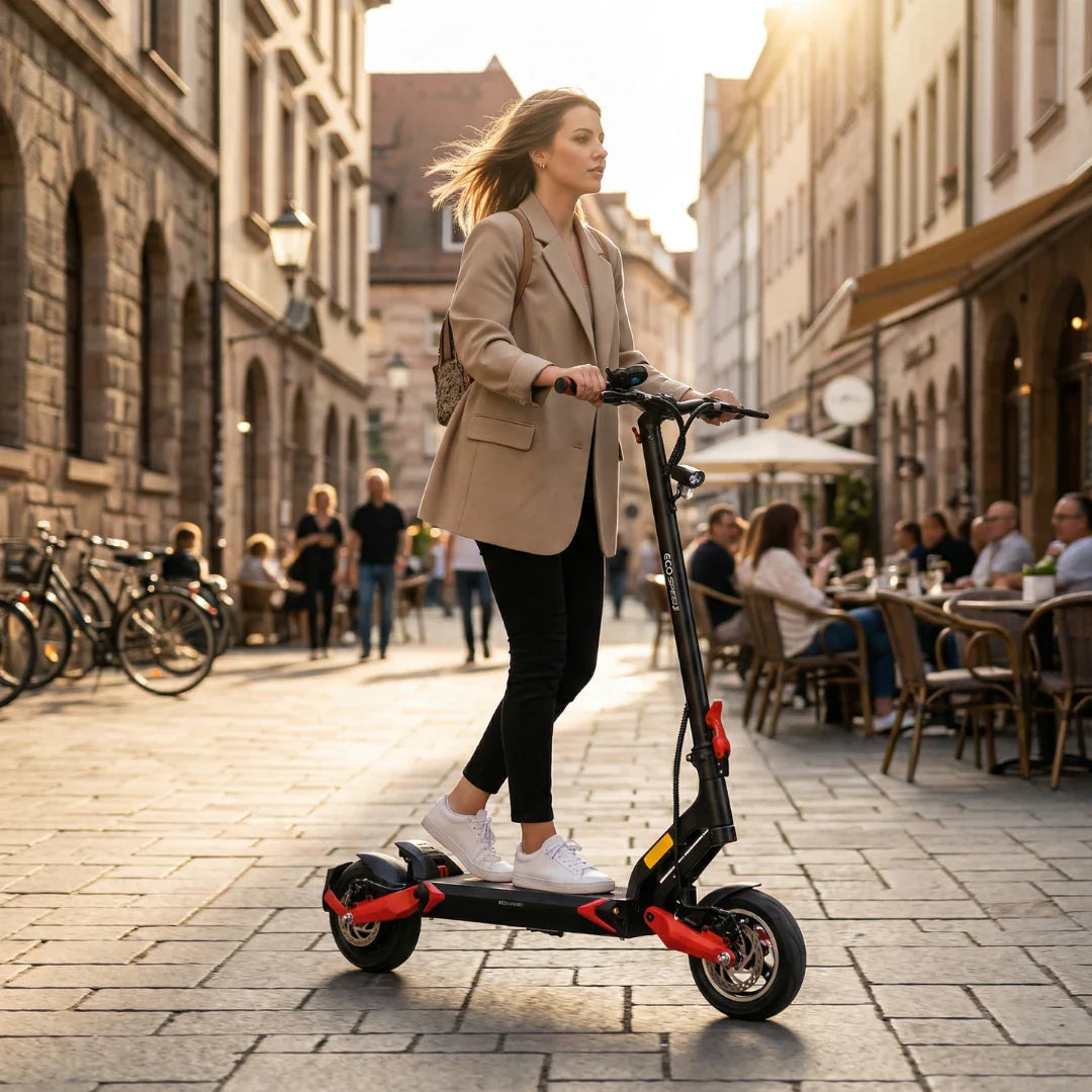 Žena se vozi na crno-crvenom električnom romobilu Eco Speed 9 gradskom ulicom po sunčanom danu