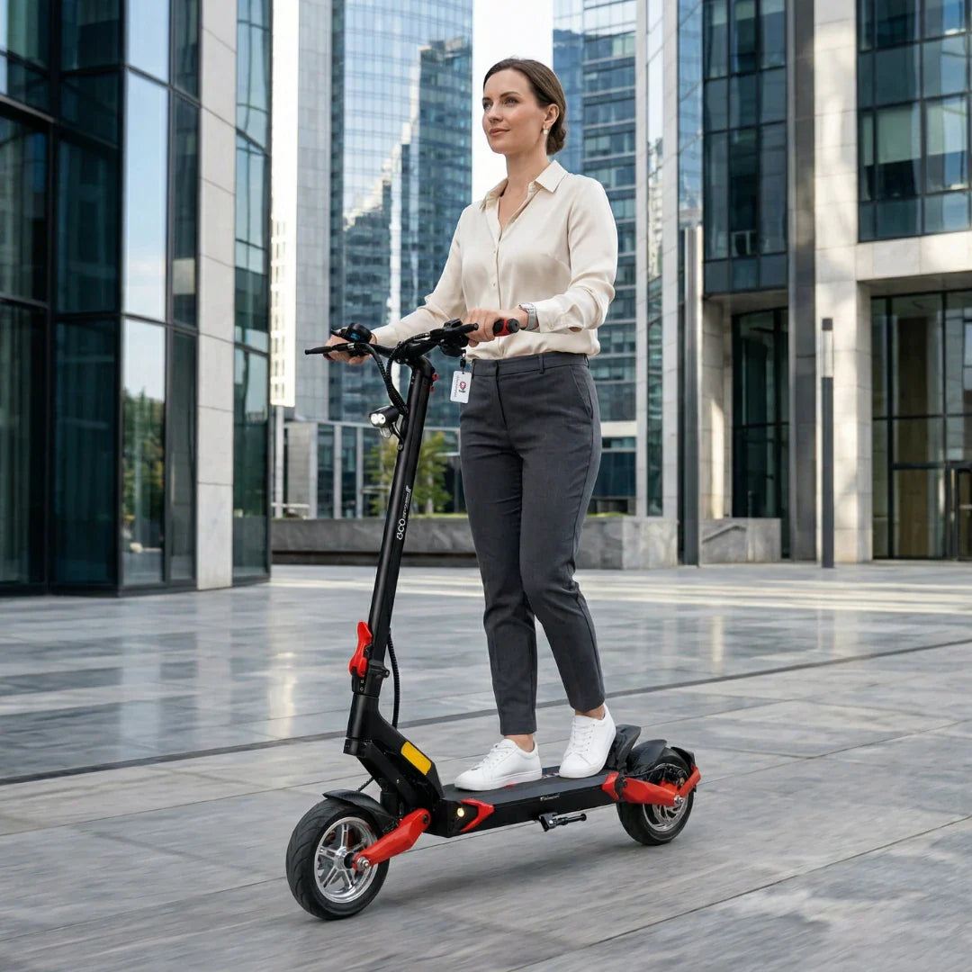 Poslovna žena vozi crni električni romobil Eco Speed 9 s crvenim detaljima ispred zgrade