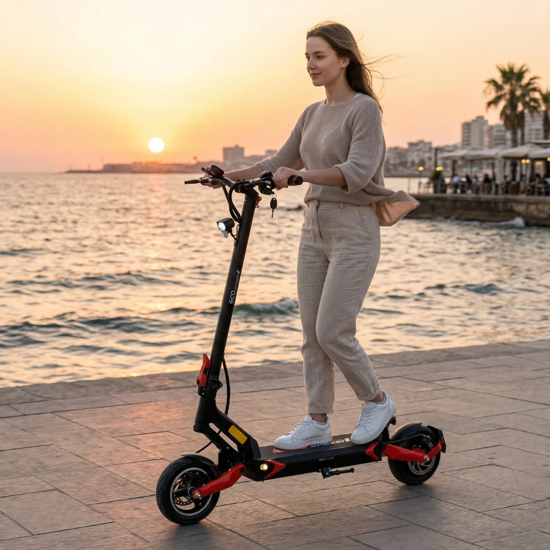 Žena vozi crno-crveni električni romobil Eco Speed 9 uz obalu tijekom zalaska sunca