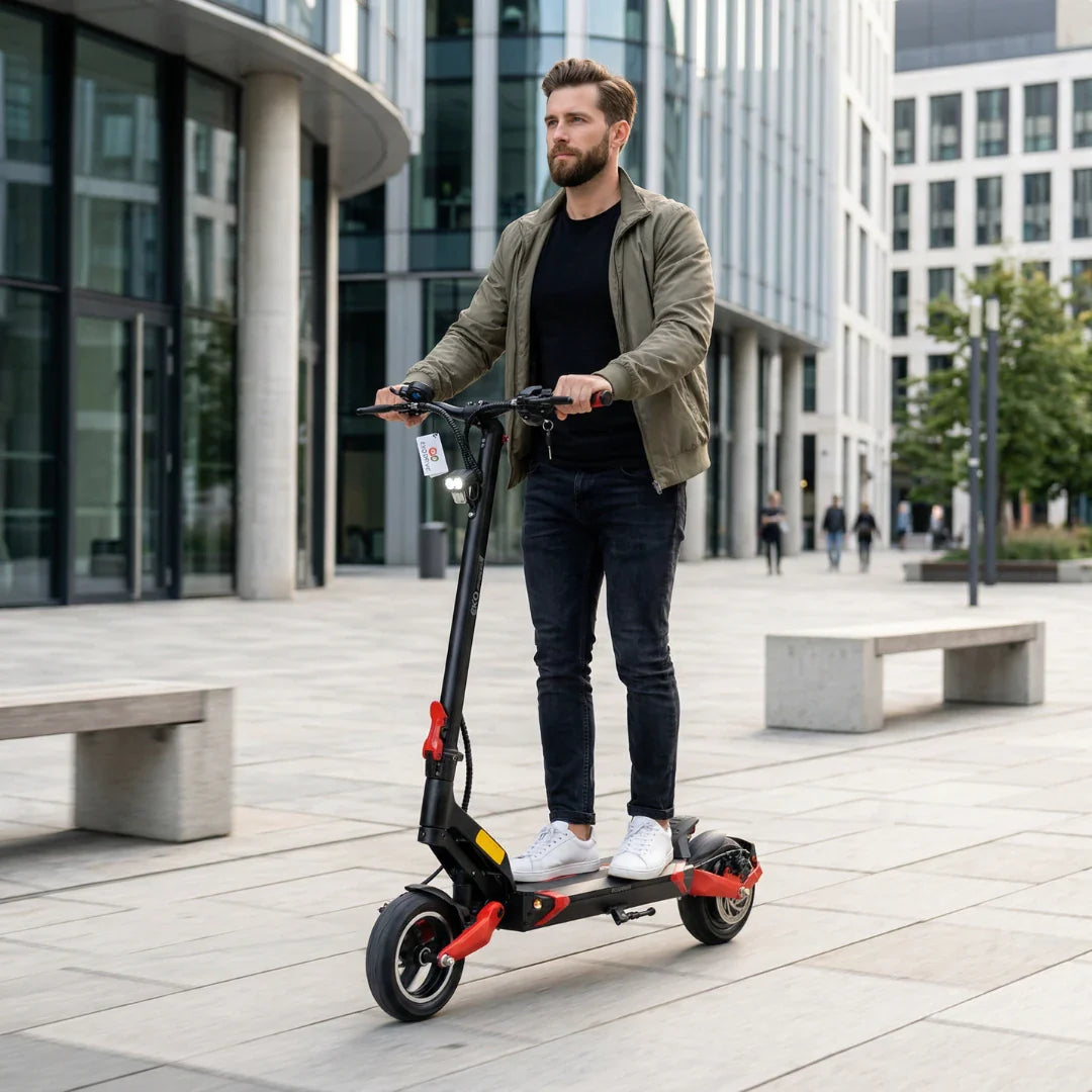 Muškarac vozi crni električni romobil Eco Speed 9 s crvenim detaljima na gradskom trgu