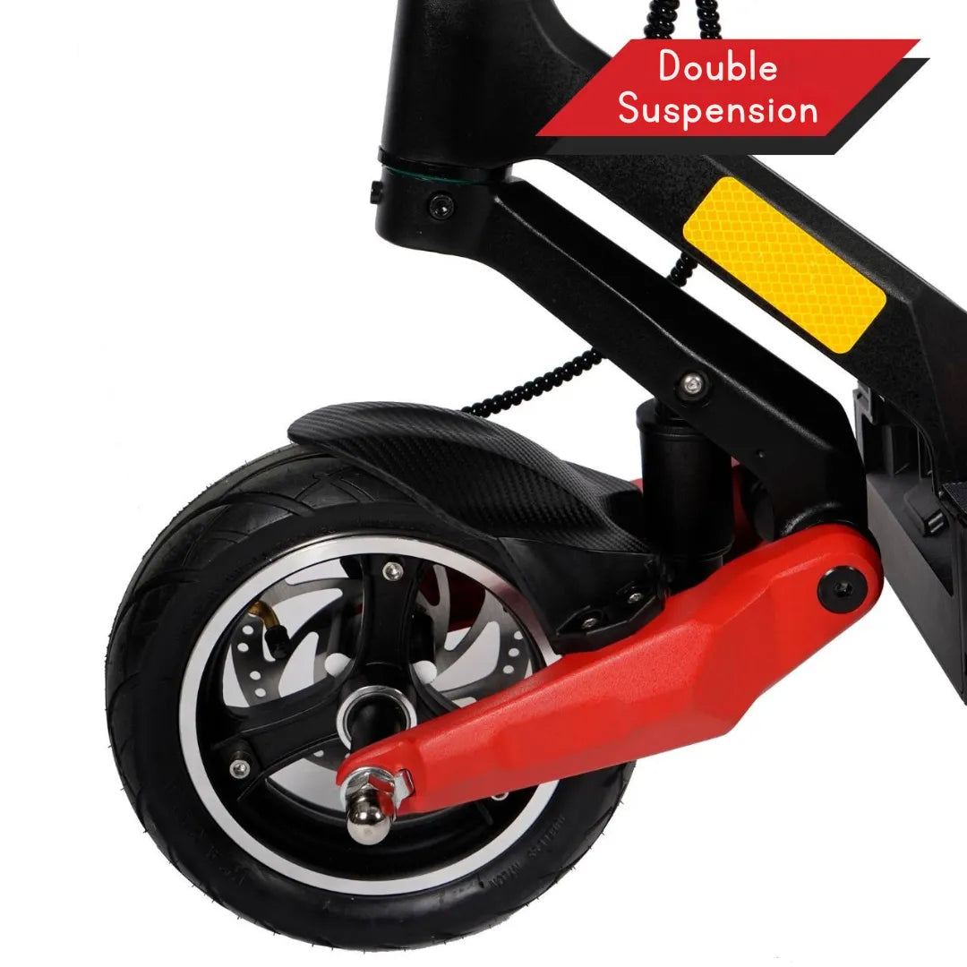 Detalj dvostrukog ovjesa i prednjeg kotača električnog romobila Eco Speed 9 s crvenim detaljima