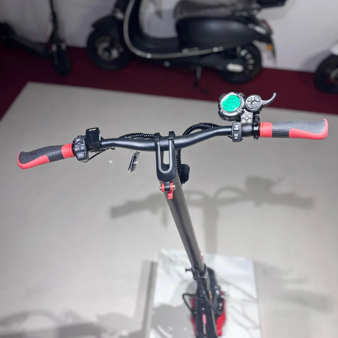 Upravljač električnog romobila Eco Speed 9X s LCD zaslonom i crveno-crnim detaljima iz ptičje