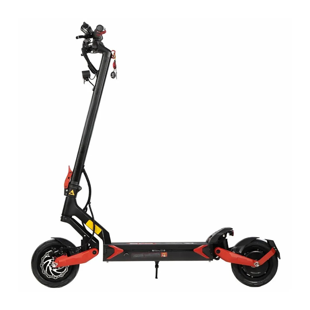 Električni romobil Eco Speed 9X crne boje, bočni pogled na vozilo s crvenim detaljima