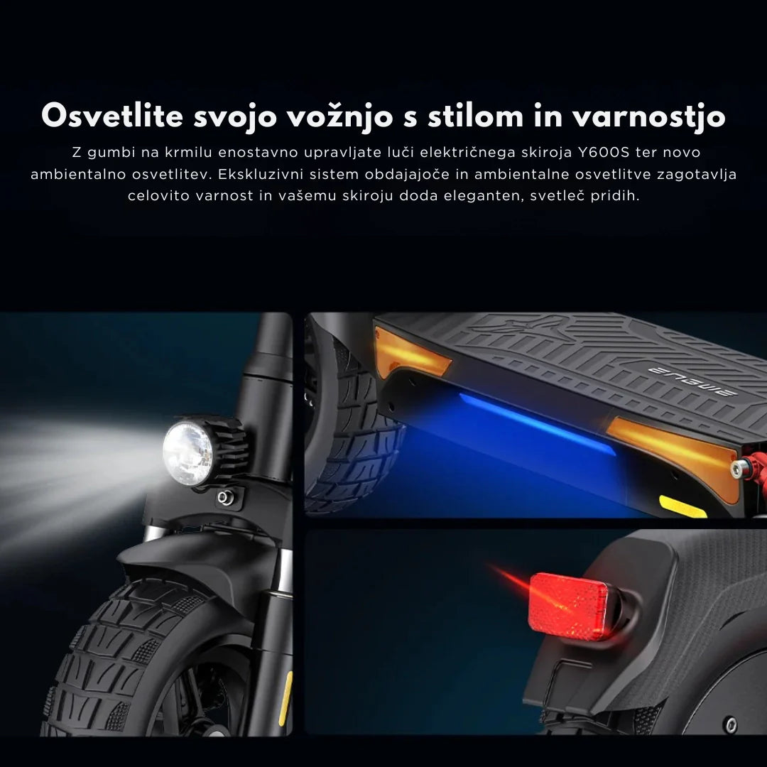 Sustav osvjetljenja na električnom romobilu Engwe Y600s prikaz prednjeg svjetla i ambijentalne