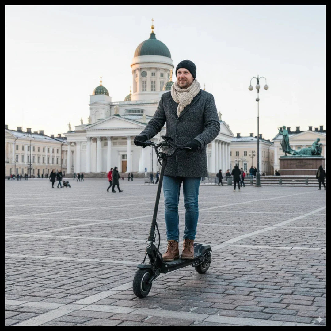 Muškarac vozi crni električni romobil Hiley Tiger 10 GTR na gradskom trgu s katedralom u pozadini