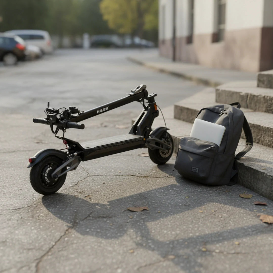 Crni električni romobil Hiley Tiger 10 V5 sklopljen pored ruksaka na gradskom stubištu