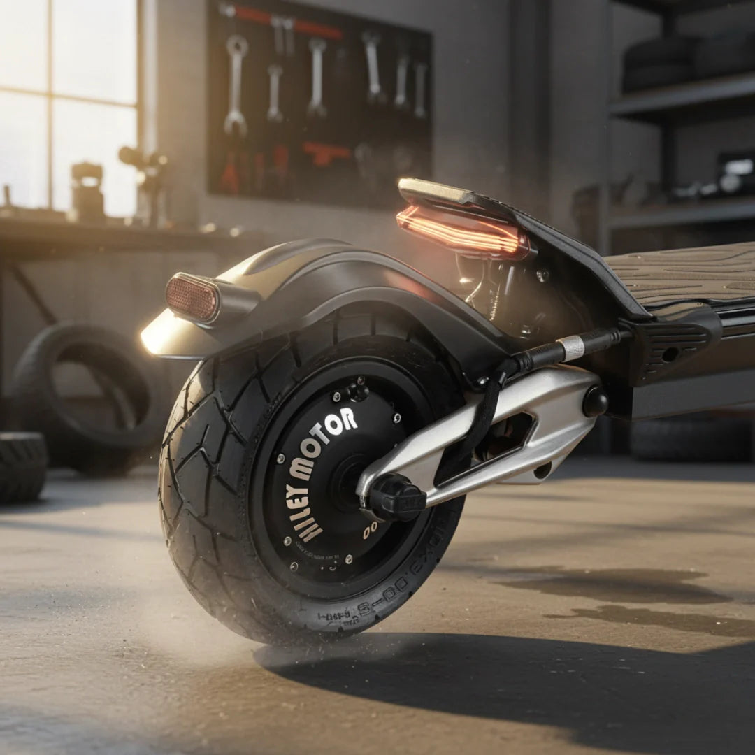 Stražnji kotač električnog romobila Hiley Tiger 10 V5 s vidljivim motorom i upaljenim svjetlom