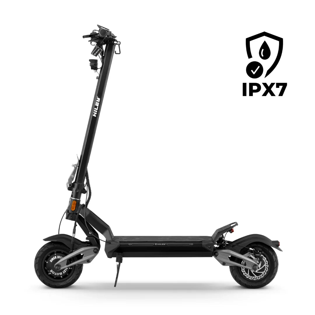 Crni električni romobil Hiley Tiger 10 V5 bočni pogled s IPX7 certifikatom vodootpornosti