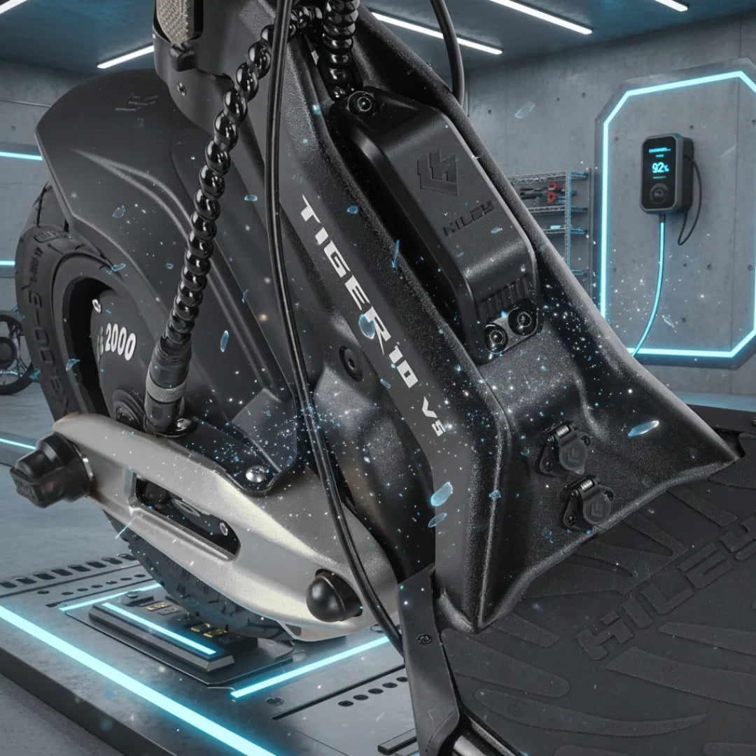 Krupni kadar stražnjeg dijela crnog električnog romobila Hiley Tiger 10 V5 s vidljivim ovjesom