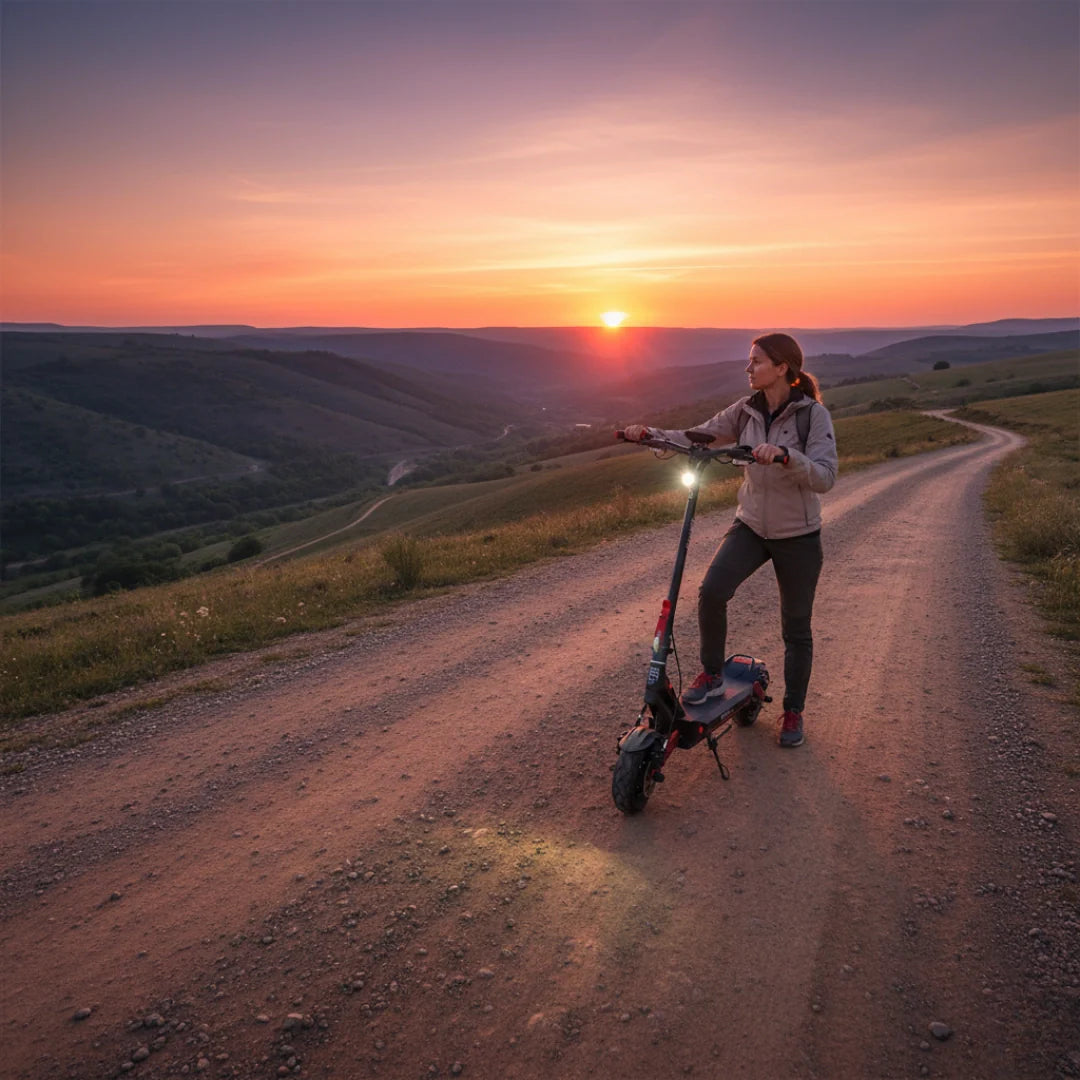 Žena vozi crni električni romobil Hiley Tiger Evo GTR na makadamskom putu pri zalasku sunca
