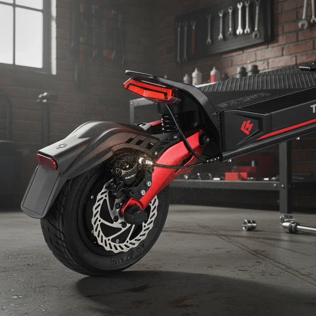 Detalj stražnjeg kotača i kočionog sustava električnog romobila Hiley Tiger Evo GTR u radionici