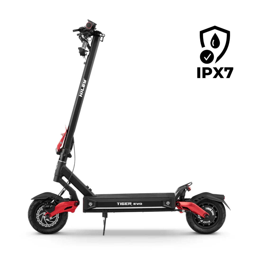 Električni romobil Hiley Tiger Evo GTR crno-crvene boje bočni pogled s IPX7 oznakom vodootpornosti