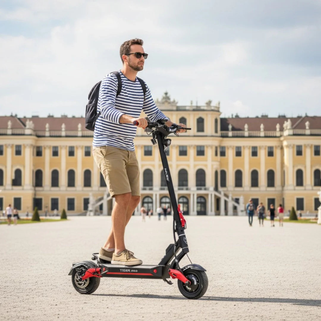 Muškarac vozi crni električni romobil Hiley Tiger Evo GTR ispred dvorca po sunčanom danu