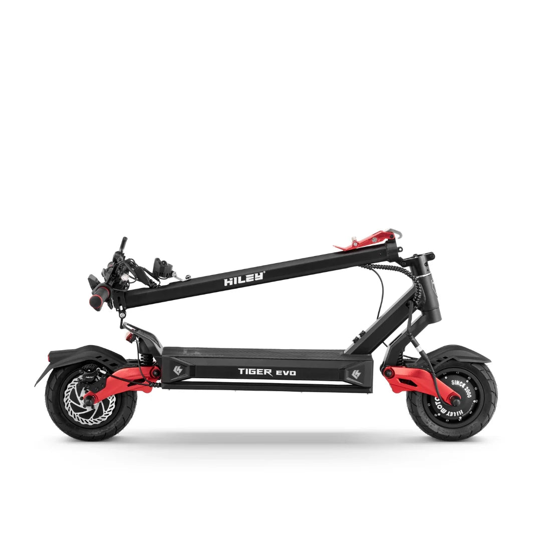 Sklopljeni crno-crveni električni romobil Hiley Tiger EVO GTR bočni pogled