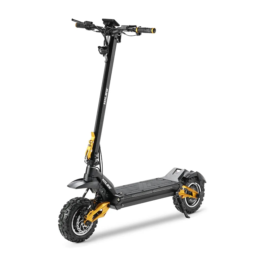 Električni romobil Hiley Tiger King crne boje s detaljima zlatne boje iz bočnog pogleda