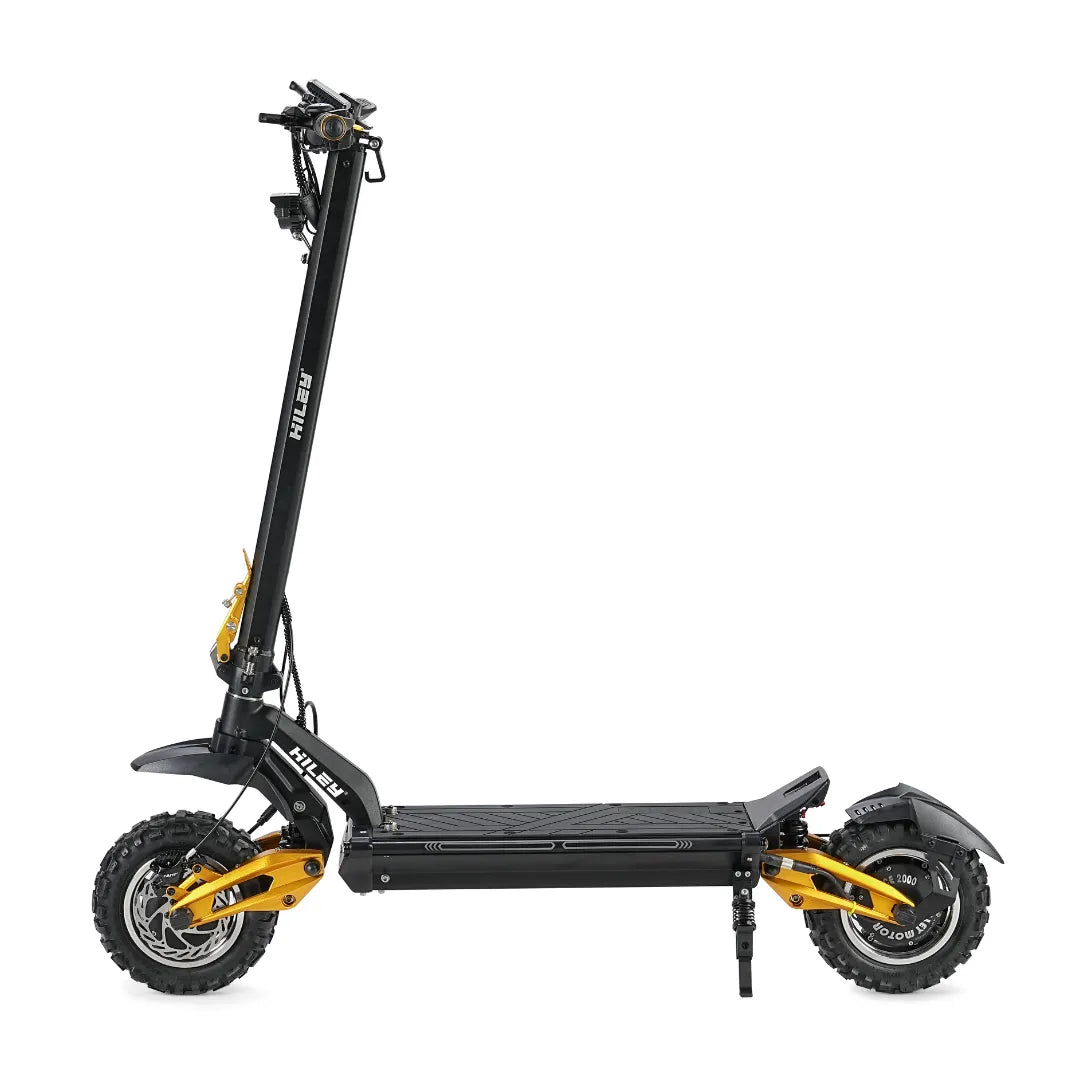 Električni romobil Hiley Tiger King bočni pogled crno-zlatne boje na bijeloj podlozi