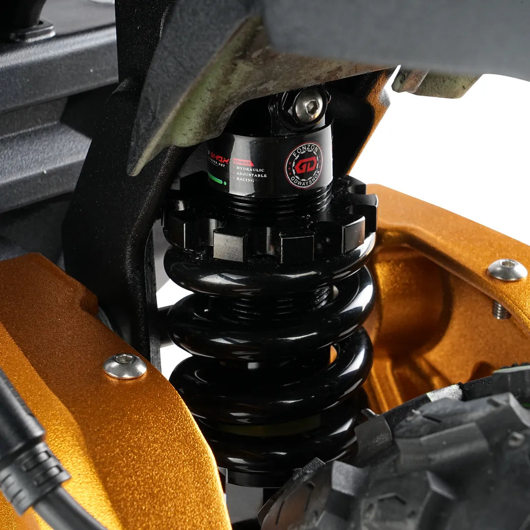 Detaljni prikaz hidrauličnog amortizera električnog romobila Hiley Tiger King 1 na zlatnom okviru