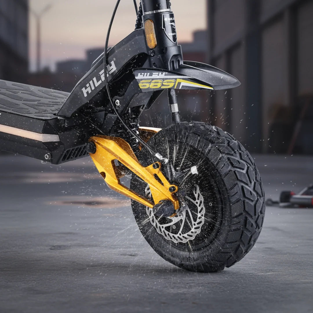 Prednji kotač električnog romobila Hiley Tiger King RS s detaljem zlatnog ovjesa i disk kočnice