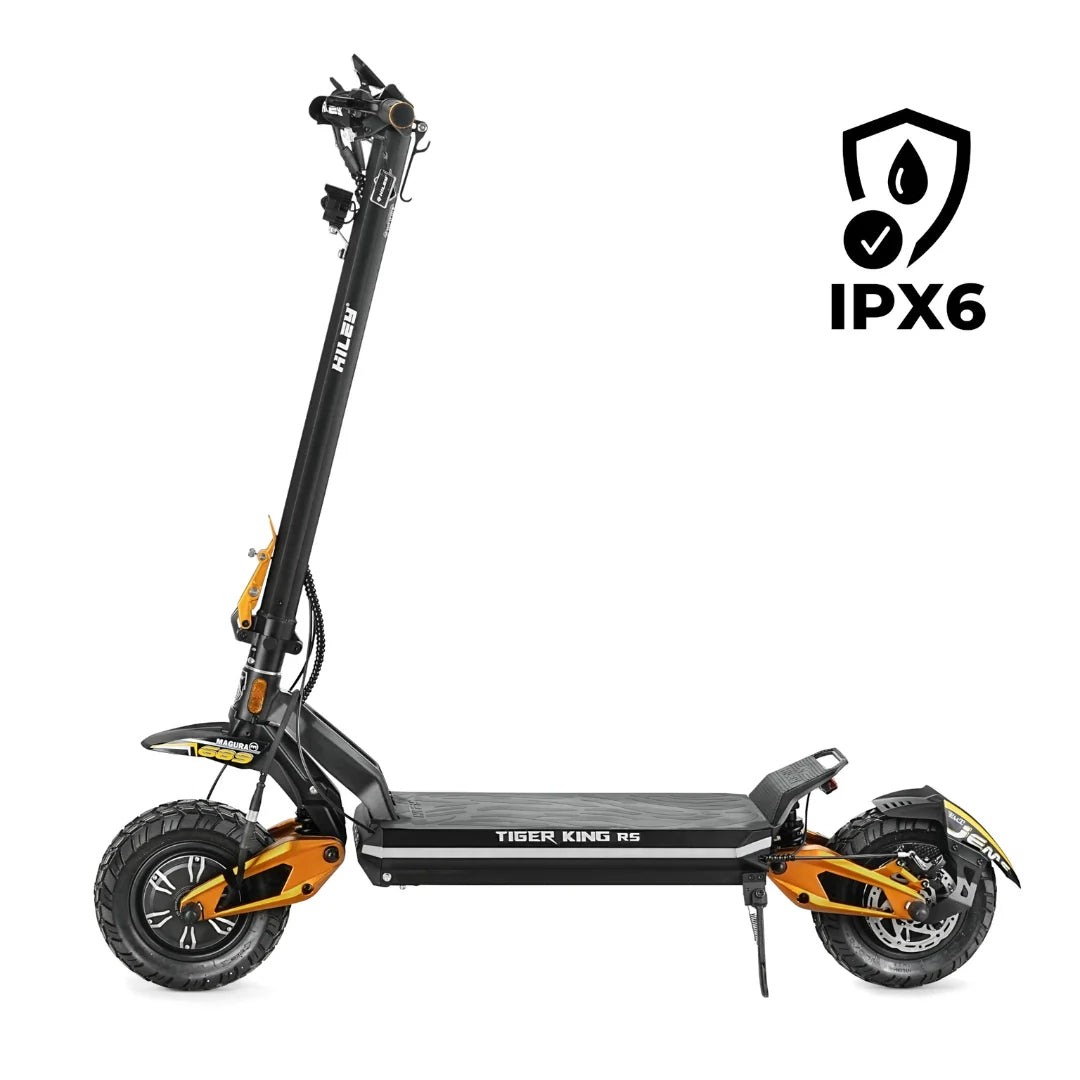 Električni romobil Hiley Tiger King RS crno-narančasti bočni pogled s IPX6 oznakom vodootpornosti