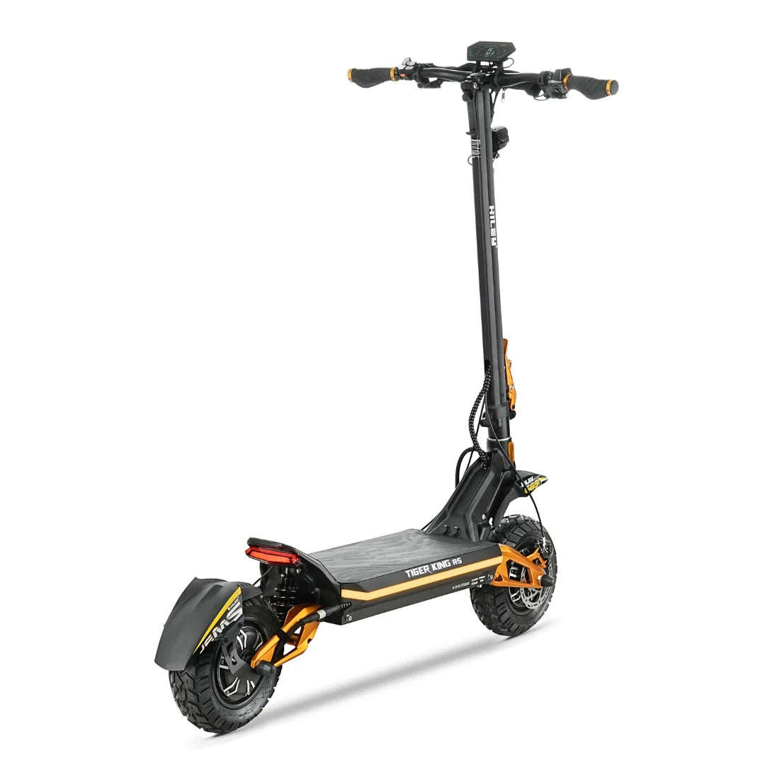 Električni romobil Hiley Tiger King RS crno-narančaste boje pogled straga na bijeloj pozadini