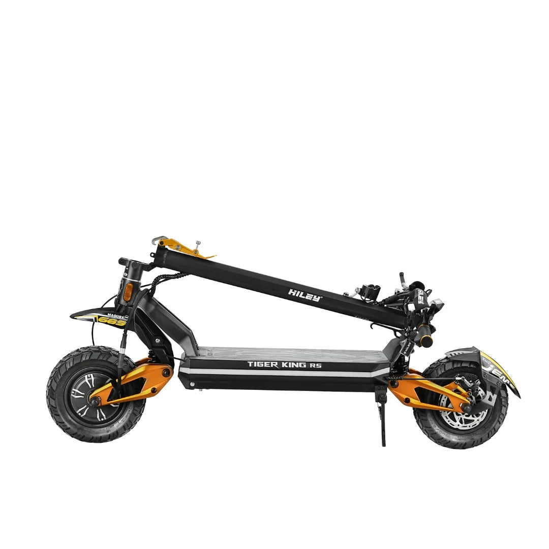 Sklopljeni električni romobil Hiley Tiger King RS crno-narančaste boje profilni pogled